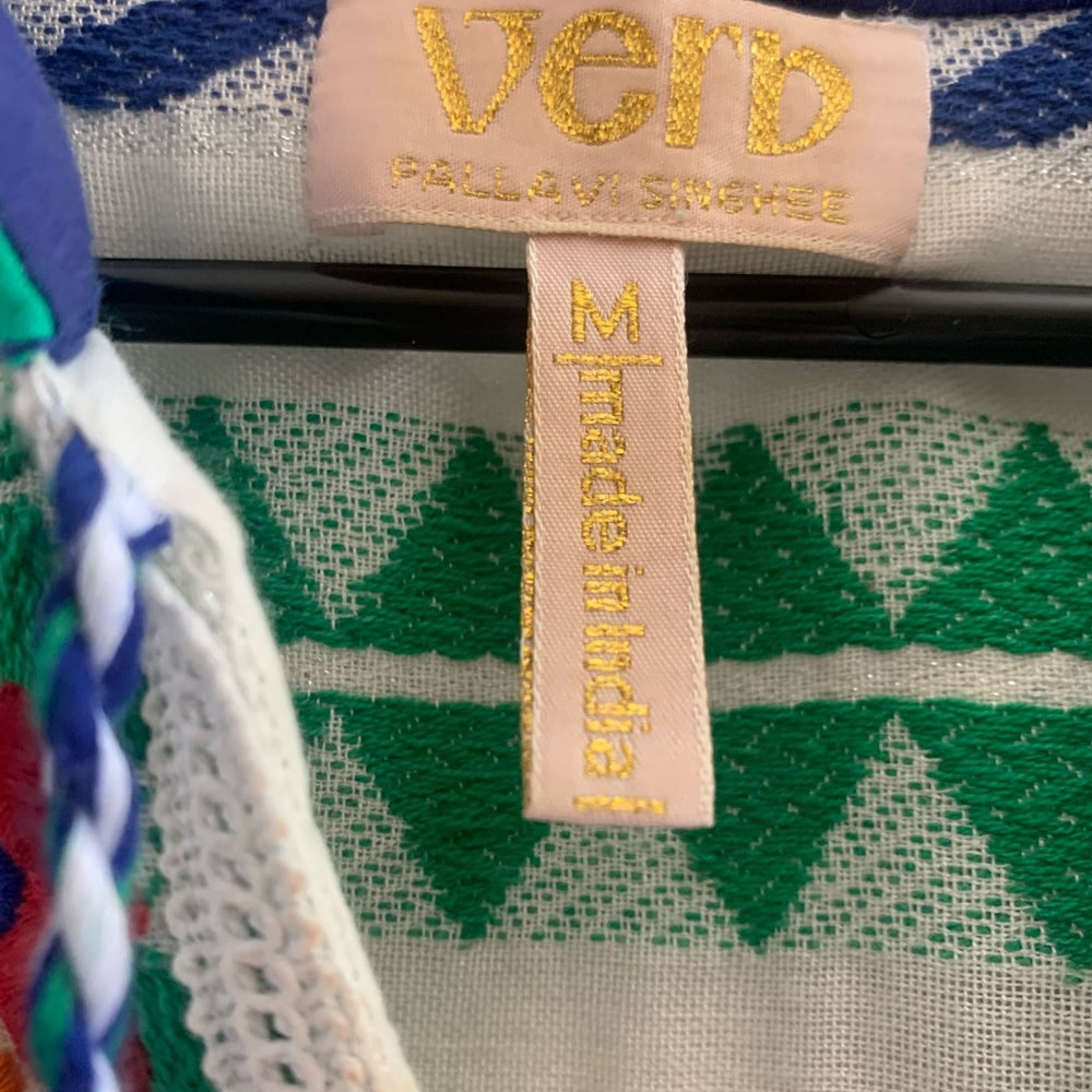 Anthropologie White Top with Blue and Green Geometric Print - Picture 14 of 16